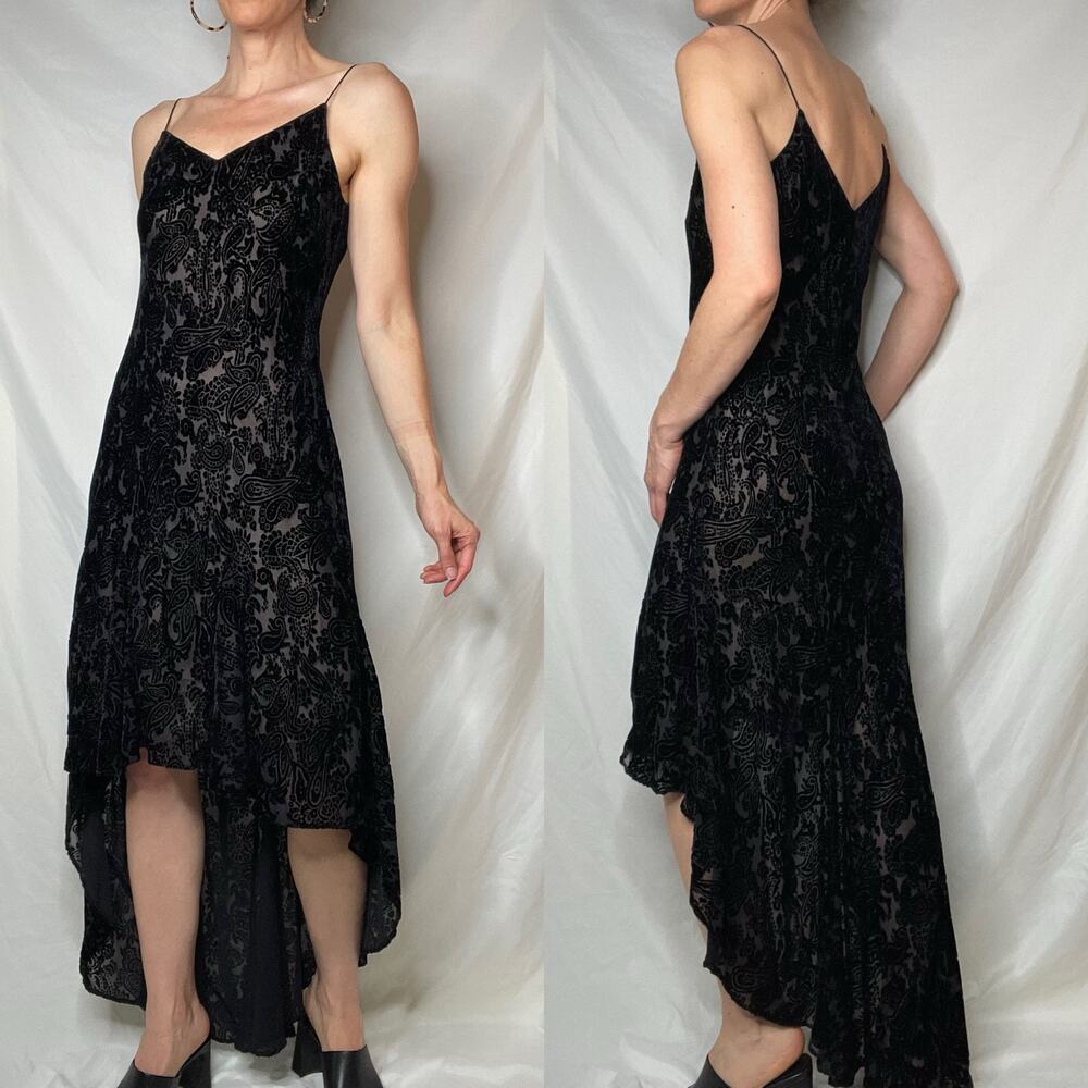 Vintage 90s Y2K velvet burnout slip dress hi-lo train hem black whimsigoth prom - Picture 12 of 15